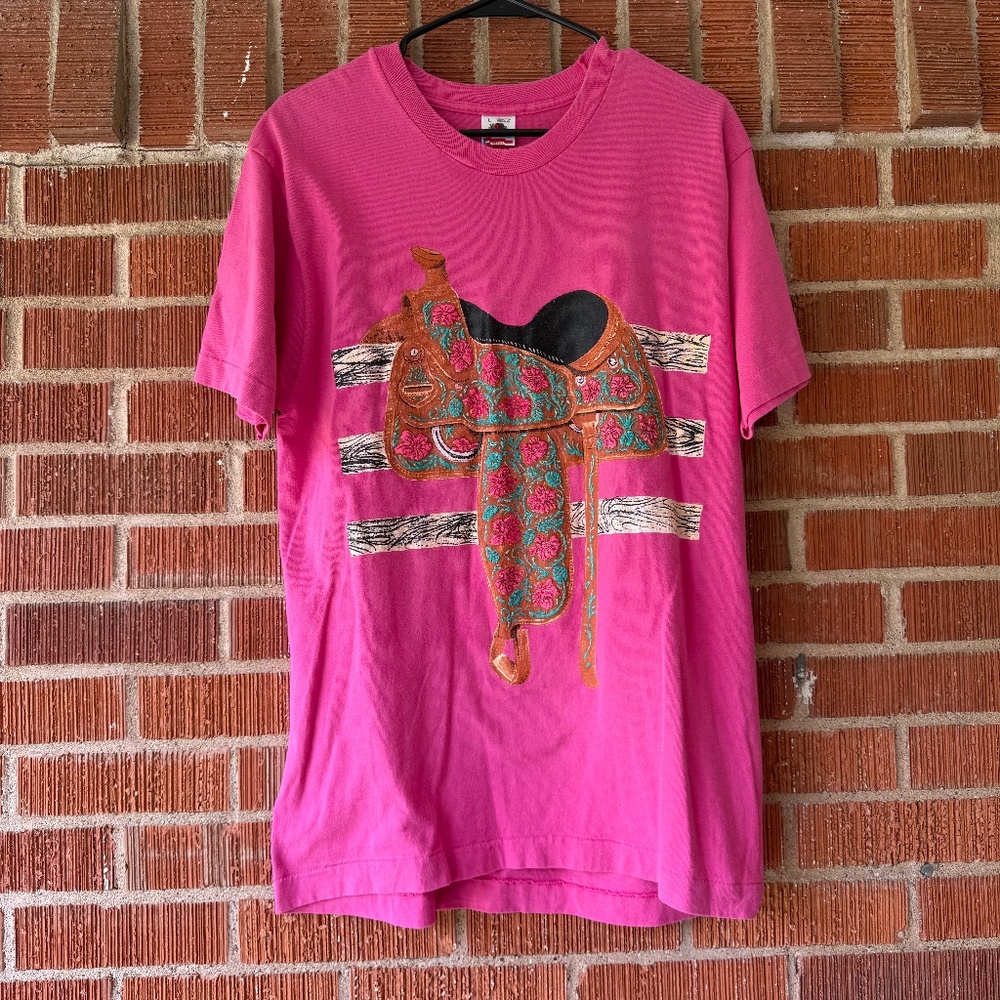 90s horse girl western saddle print single stitched pink vintage tshirt